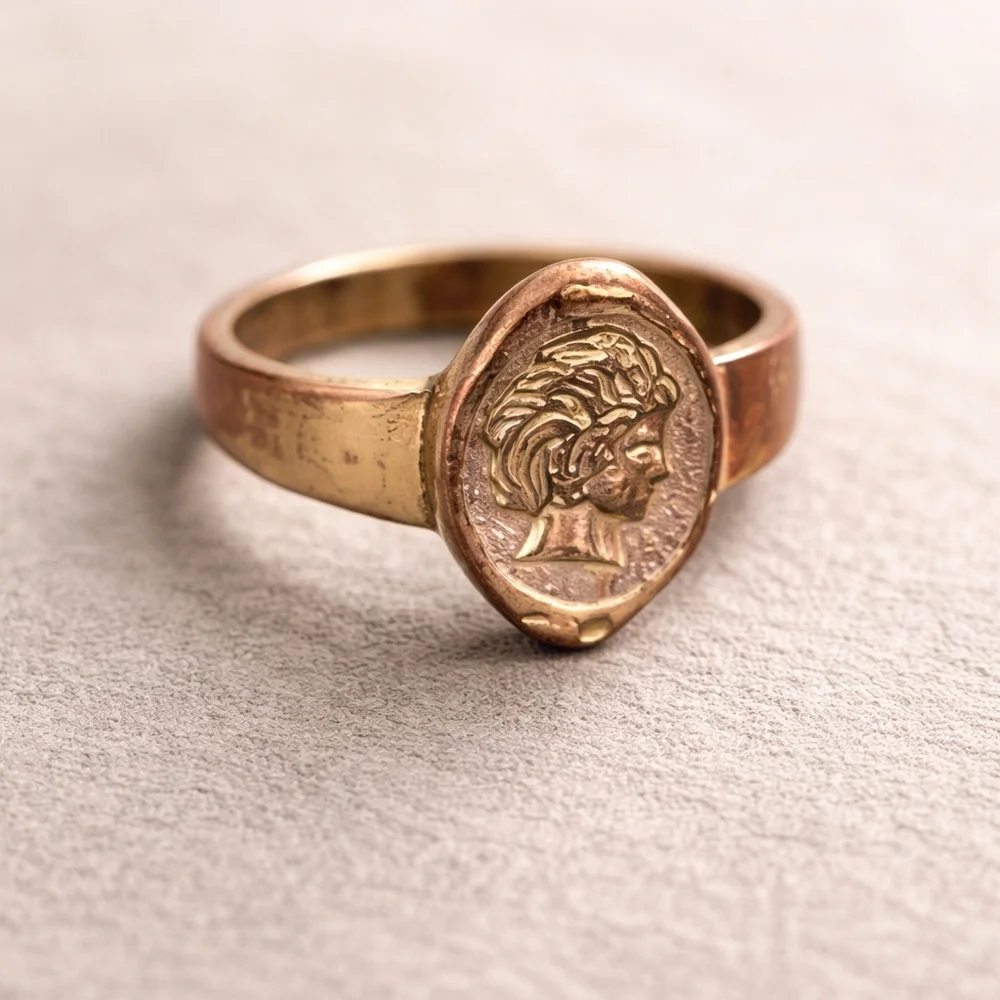 Vintage Roman Coin Style Signet Ring | Classical Profile | Copper Tone | Size 8